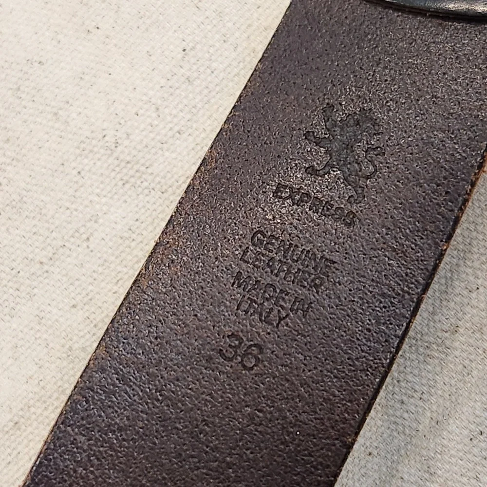 Express Men's Brown Leather Belt Size 36 Made in Italy Silver Tone Buckle Y2k